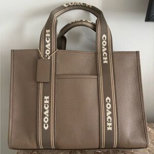 Coach Taupe/Brown Pebbled Leather Tote with Branded Canvas Straps